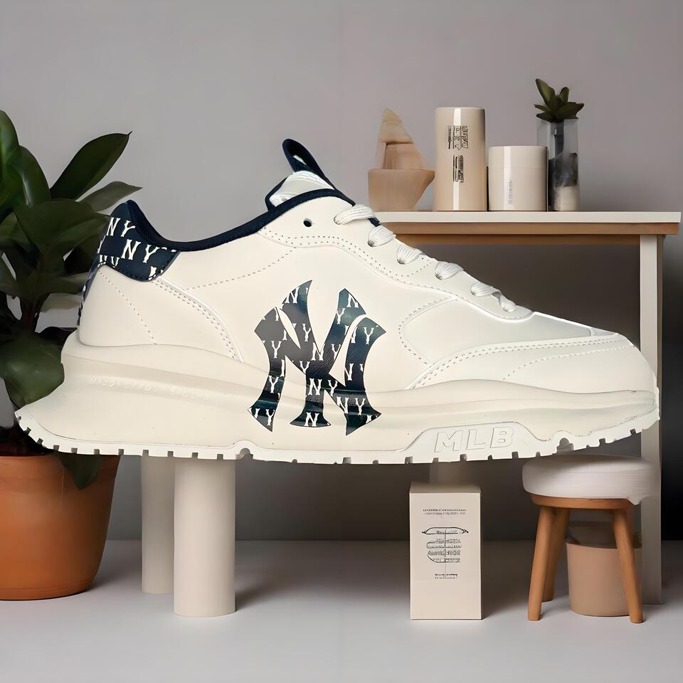 MLB NY Dad Shoes White Navy Leather Retro Chunky Sole Sneakers