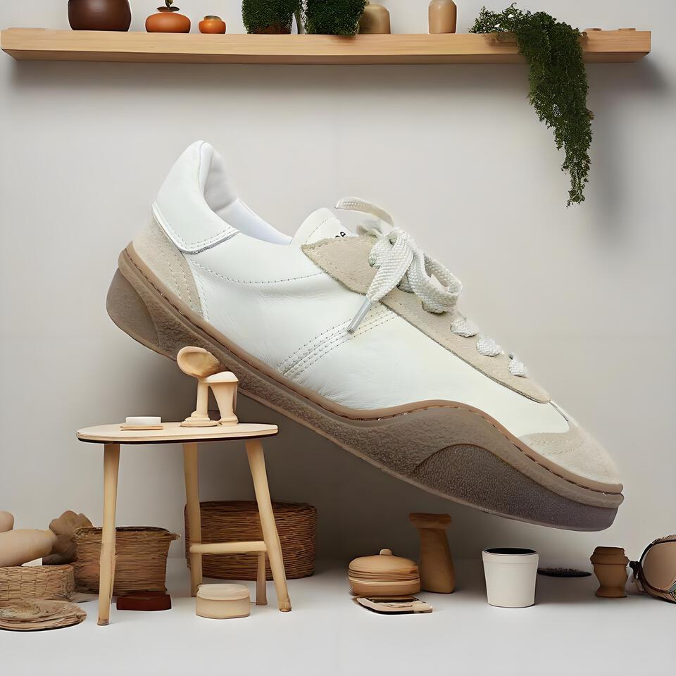 MM6 Maison Margiela Vintage German Trainer Sneakers in White Beige Leather Suede