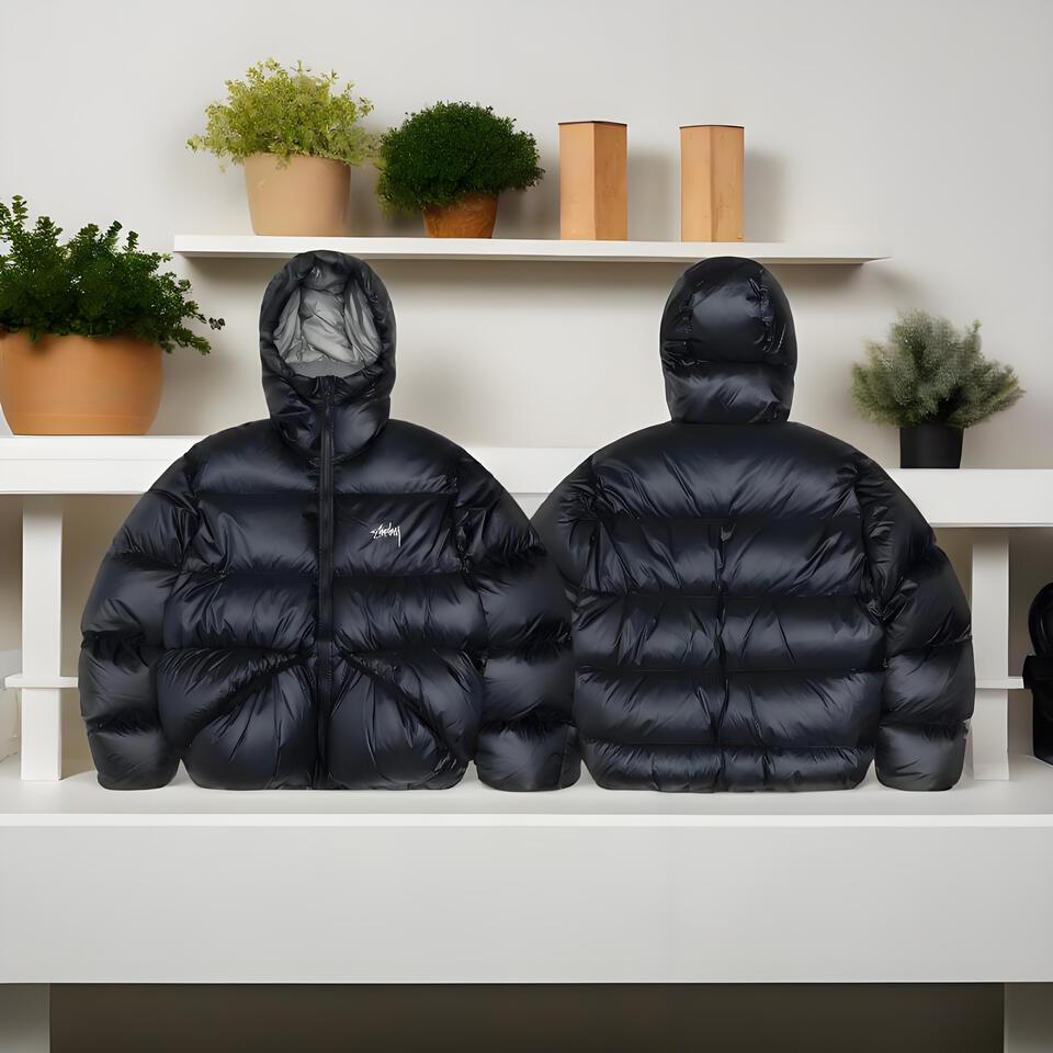 Moclose Black Glossy Windproof Down Puffer Coat Hooded