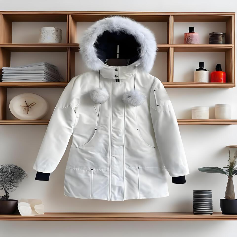 Moncler White Hooded Mid-Length Windproof Warm Coat