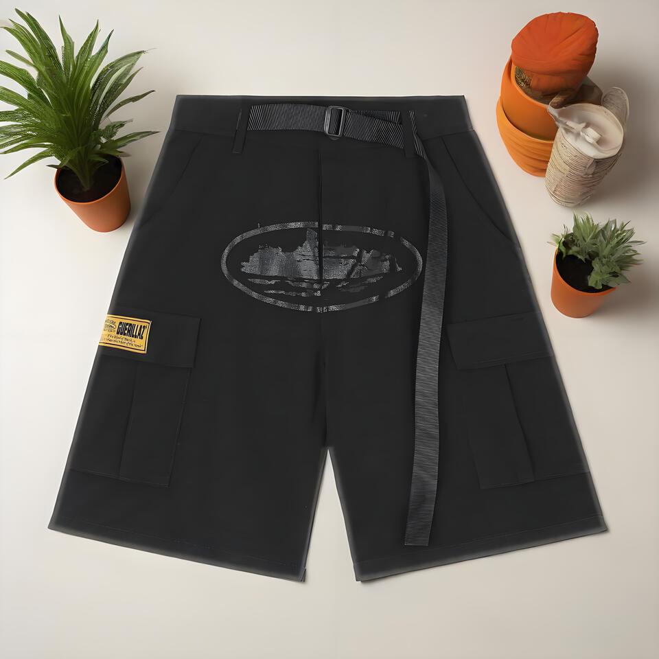 Multi Pocket Cargo Shorts with Belt - Men's Black Tactical Streetwear Shorts