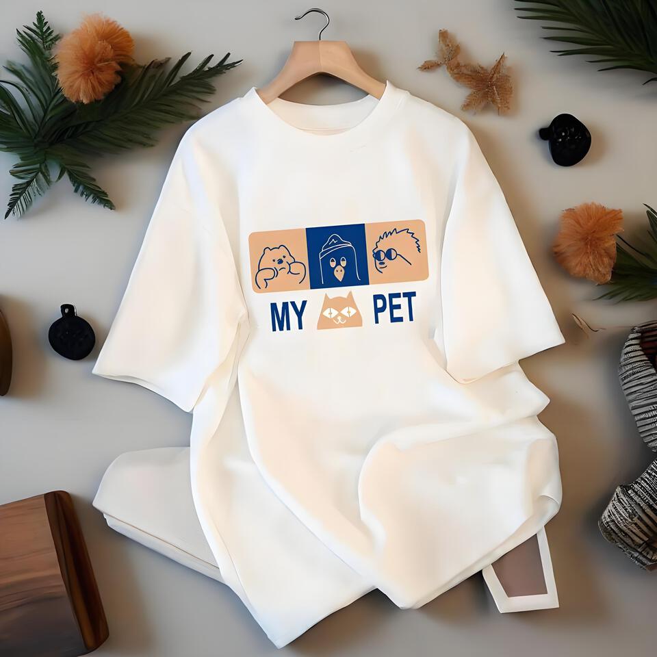 My Pet White Cotton Cartoon Print Loose T-Shirt