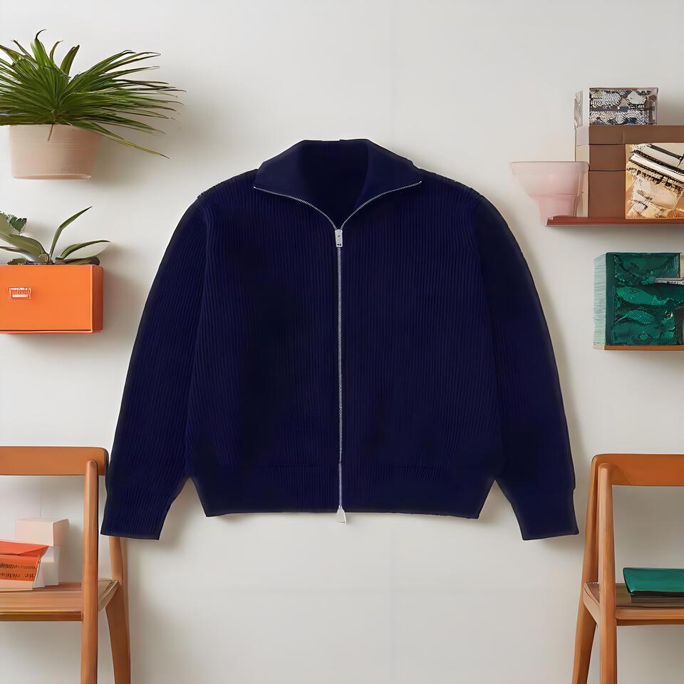 Navy Blue Zip-Up Knit Collar Cardigan Unisex