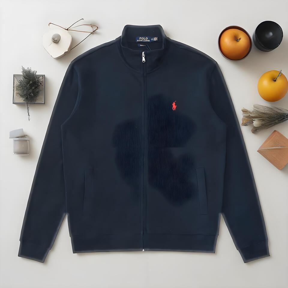 Navy Cotton Stand Collar Jacket Unisex Embroidered Polo Shirt