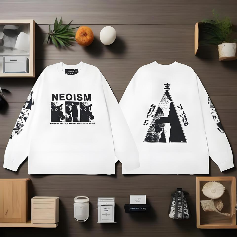 NEOISM Loose Fit White Cotton Street Print Long Sleeve Tee