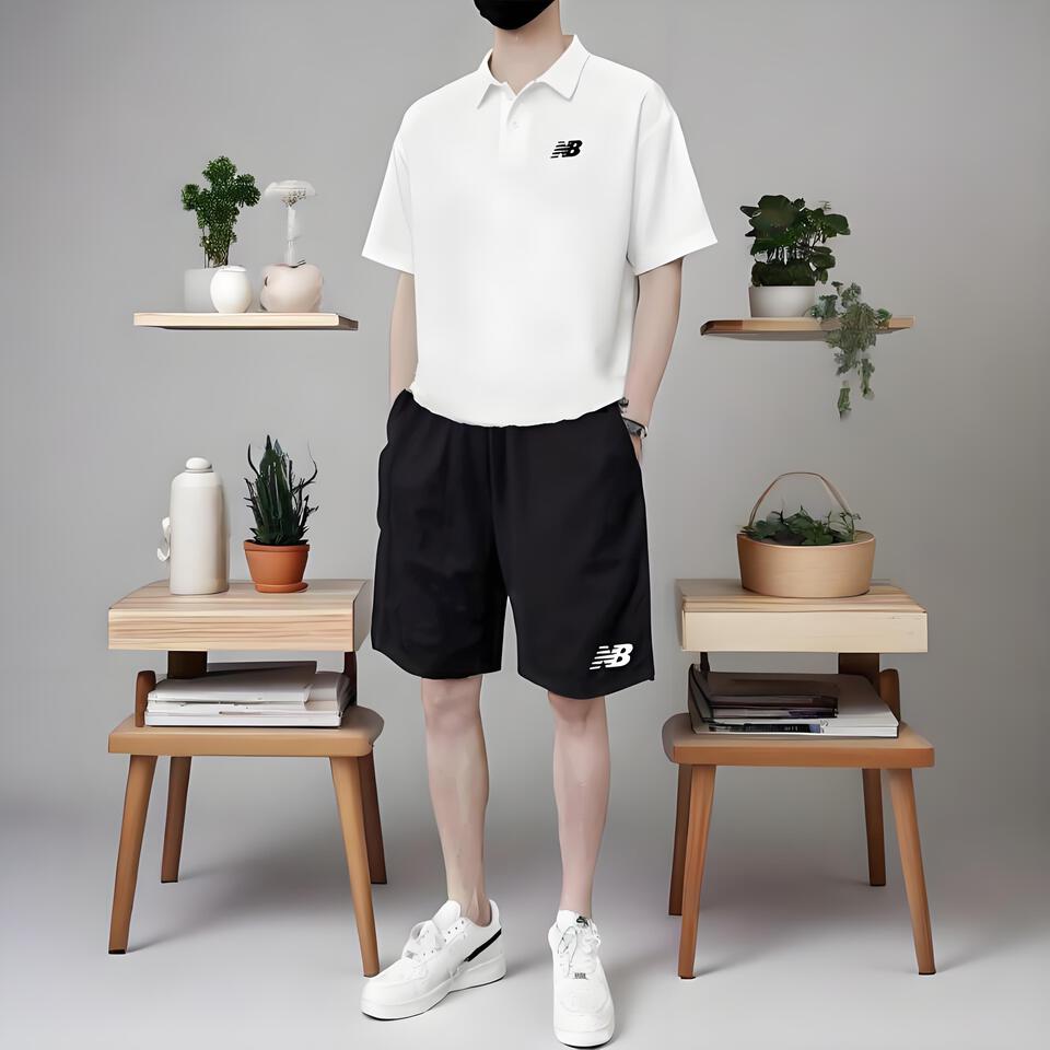 New Balance White Cotton Breathable Polo Shirt Shorts Set