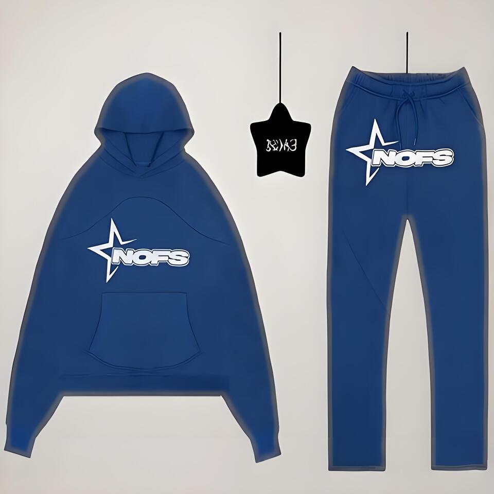 NOFS Blue Cotton Hooded Sweatshirt Set Unisex Streetwear