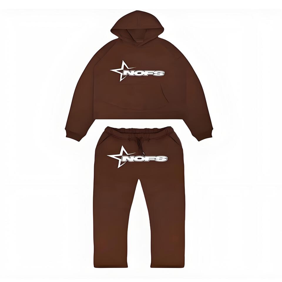 NOFS Brown Hooded Sweatshirt Set Cotton Unisex Streetwear