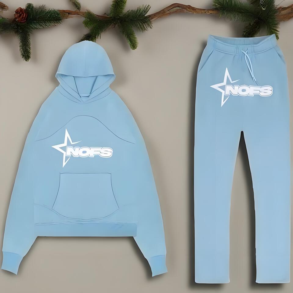 NOFS Light Blue Cotton Hoodie Set Unisex Casual Sportswear