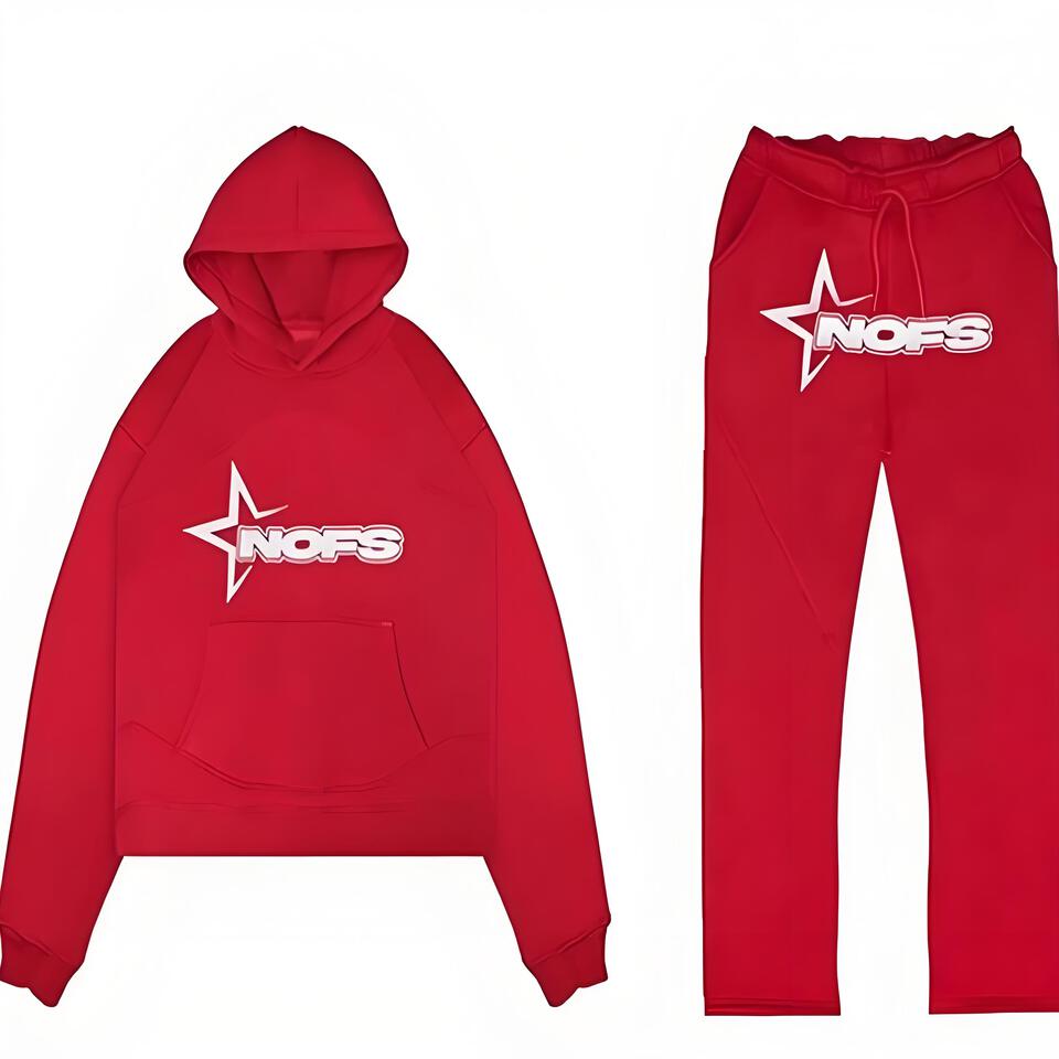 NOFS Red Hoodie Sweatpants Set Cotton Casual Streetwear Unisex