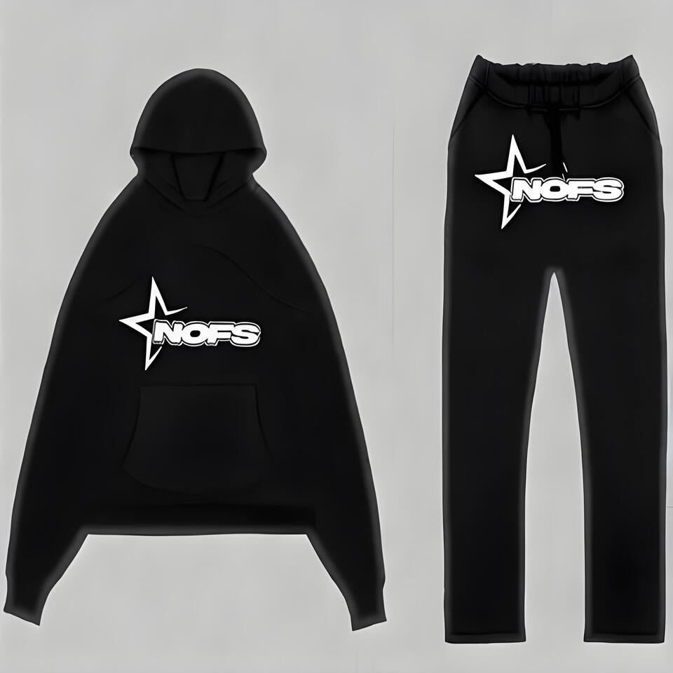 NOFS Unisex Black Cotton Hoodie Set Urban Streetwear Casual Outfit