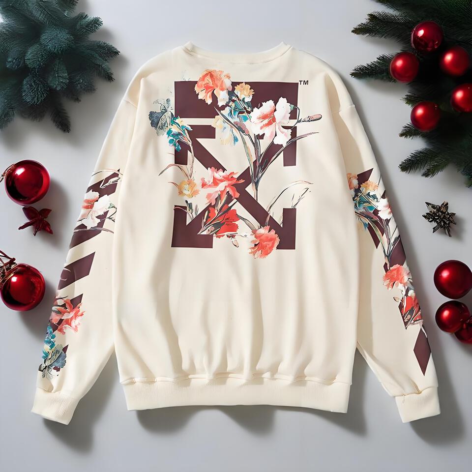 Off-White Cream Floral Print Loose Crewneck Sweatshirt