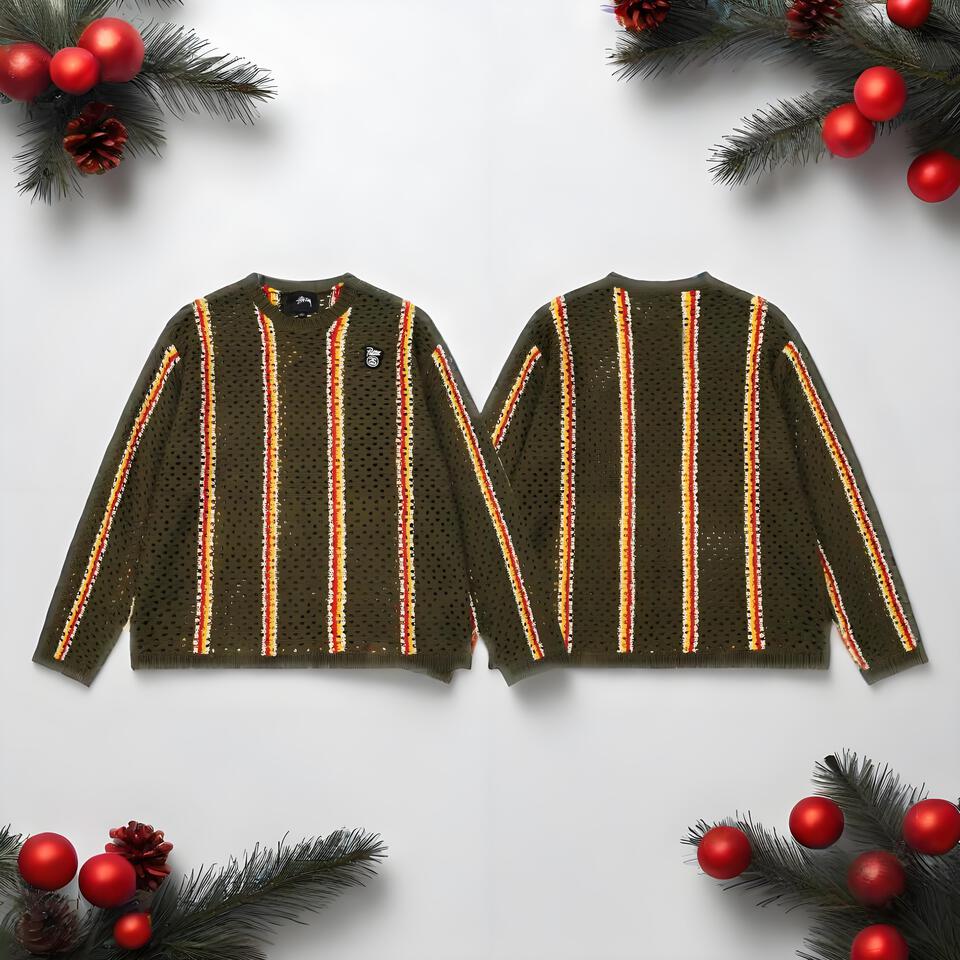 Olive Green Lace-Knit Sweater Striped Round Neck Pullover