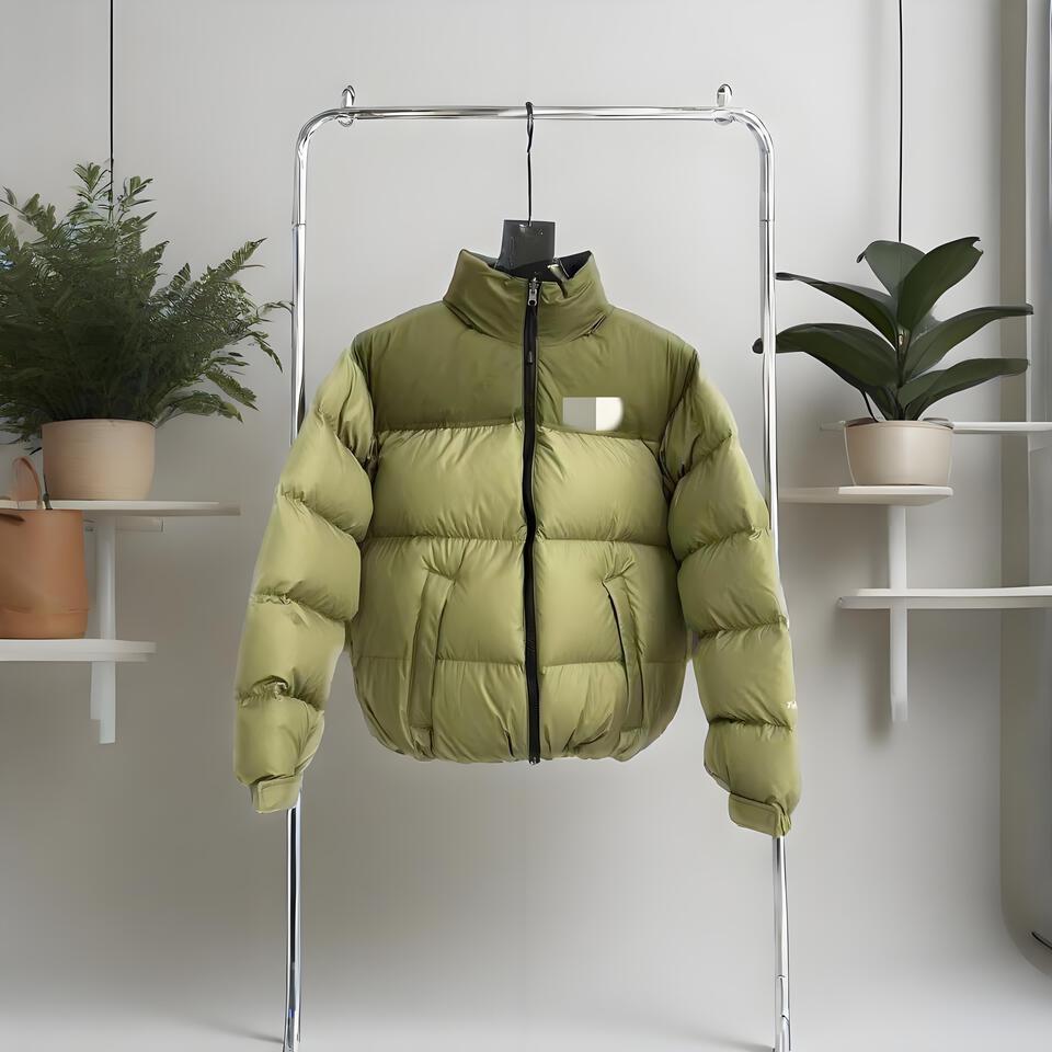 Olive Green Stand Collar Puffer Jacket, Unisex Short Winter Coat
