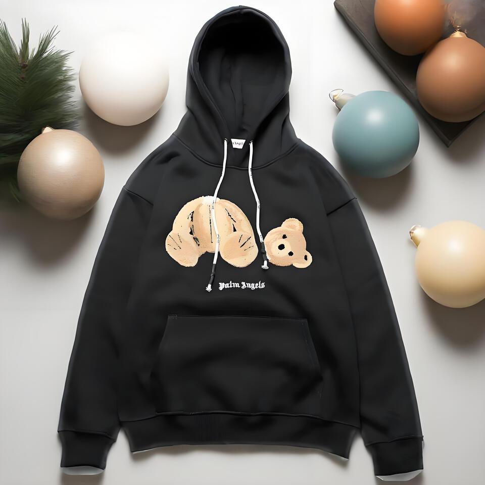 Palm Angels Black Cotton Teddy Bear Hoodie Unisex Streetwear