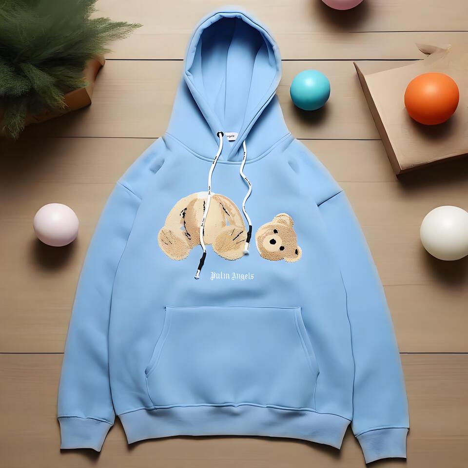 Palm Angels Light Blue Cotton Bear Embroidered Hoodie