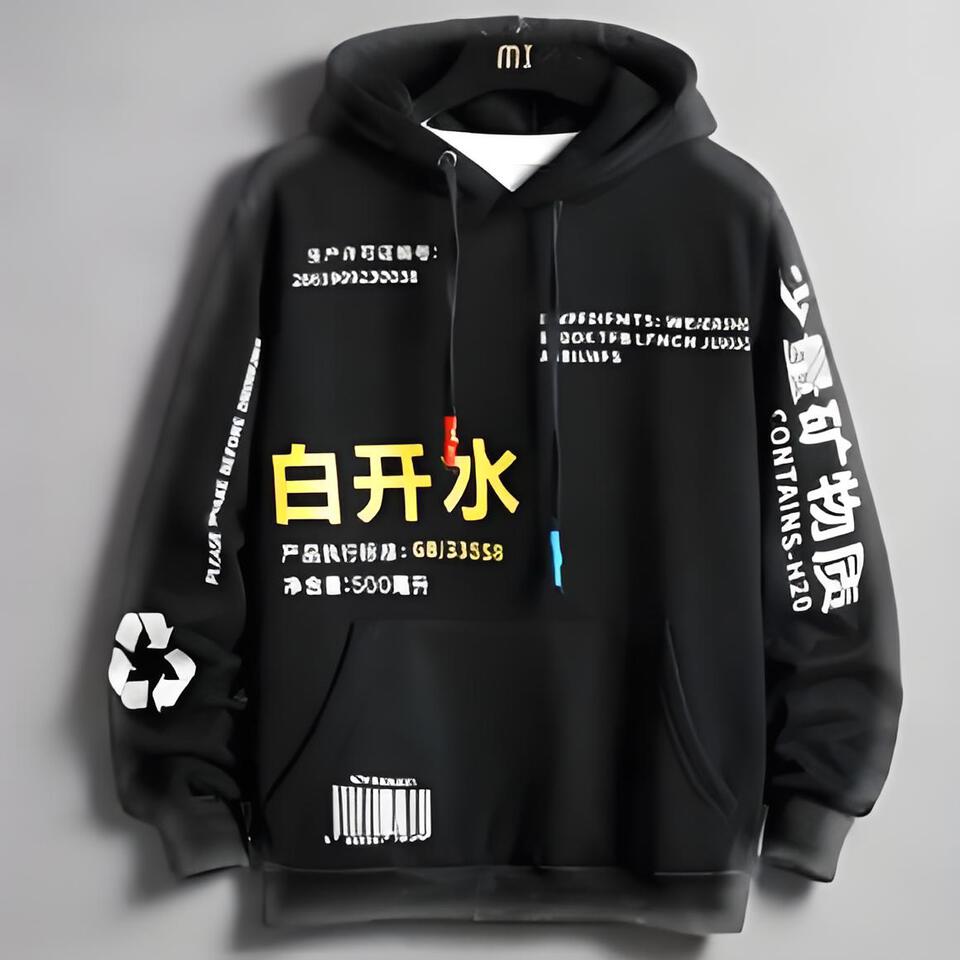Plain Black Cotton Hoodie with Creative Print Unisex Streetwear