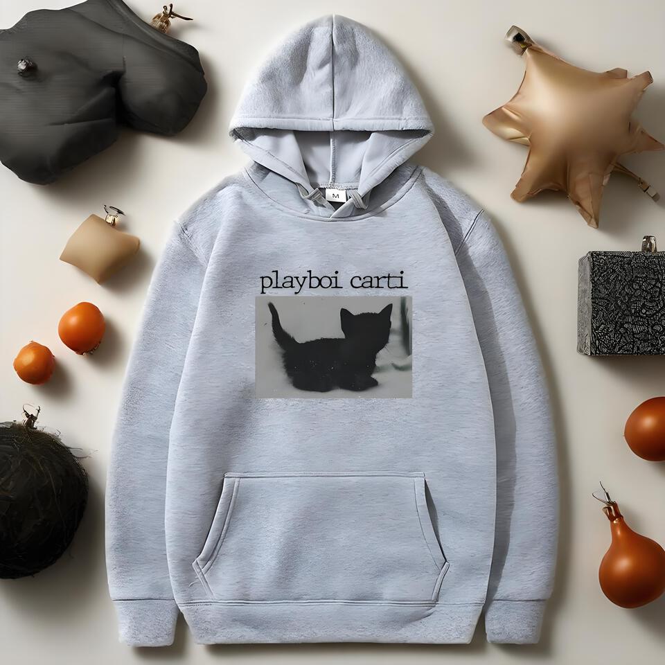 Playboi Carti Grey Cotton Hoodie Street Oversized Fit