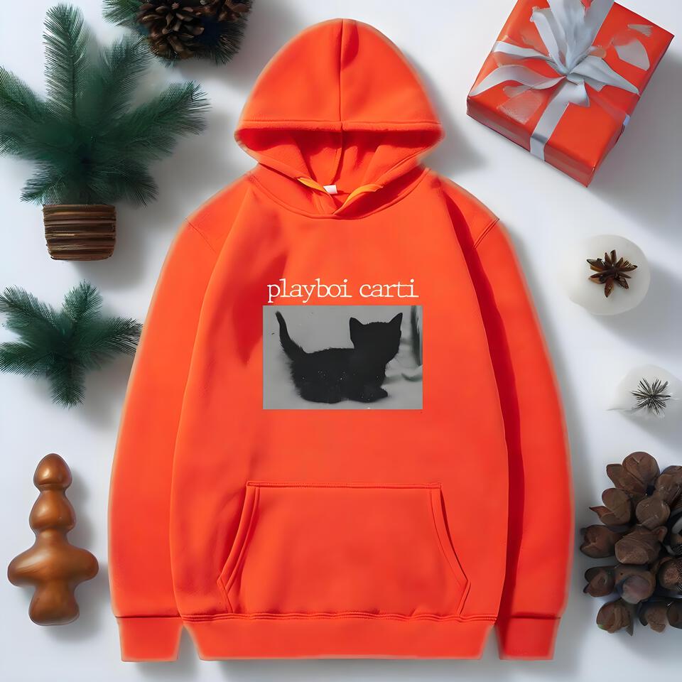 Playboi Carti Orange Hoodie With Black Cat Street Print