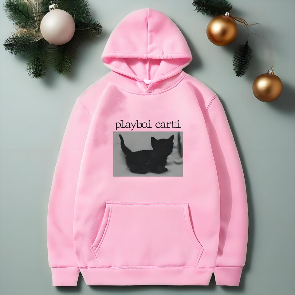 Playboi Carti Pink Hoodie Black Cat Print Cotton Sweatshirt