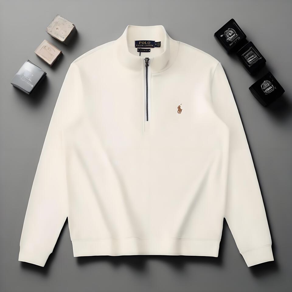Polo Ralph Lauren White Cotton Zip-Up Mock Neck Sweatshirt