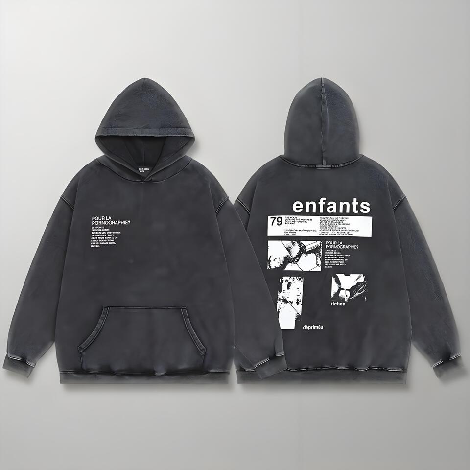 Pour La Pornographie Washed Black Cotton Hoodie Unisex Streetwear