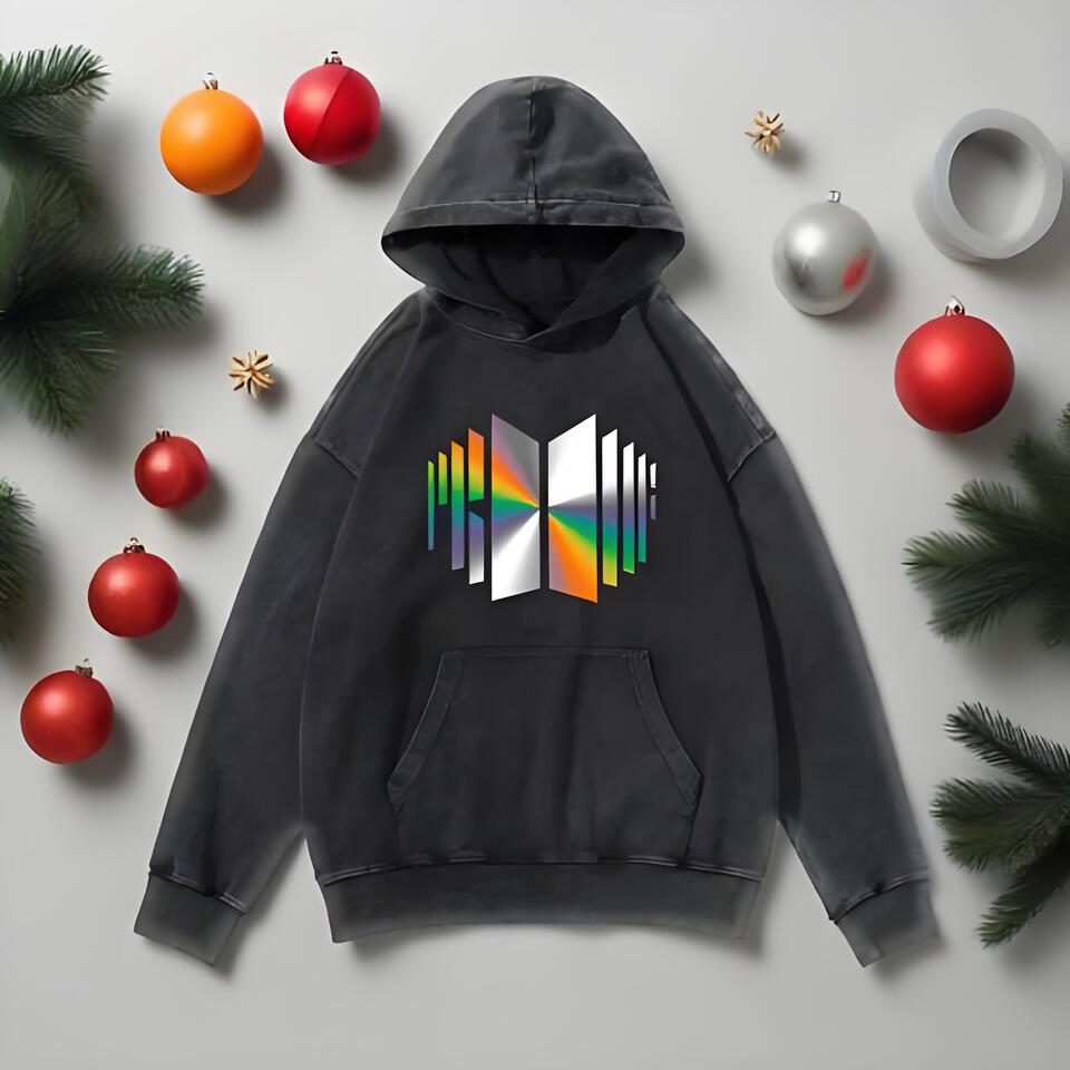 PRISM Geometric Gradient Print Hoodie Black Distressed Cotton Streetwear