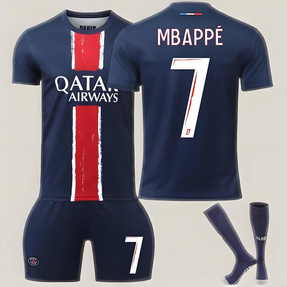 PSG Mbappe 7 Navy Blue Red Stripe Quick-Dry Football Jersey