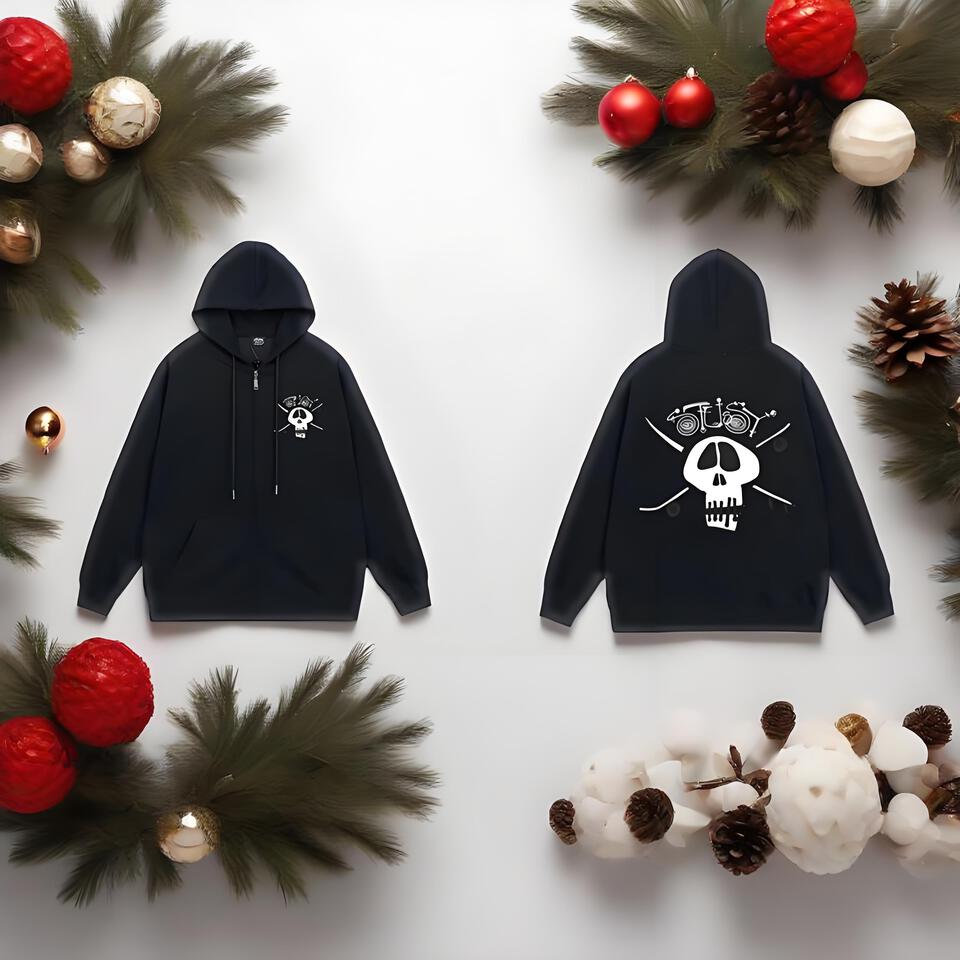 Punk Style Black Cotton Hoodie with Skull Print Unisex