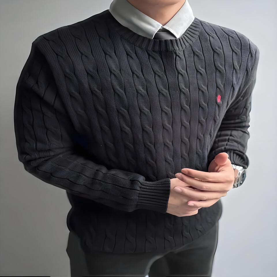 Ralph Lauren Black Wool Cable Knit Sweater Men Slim Fit