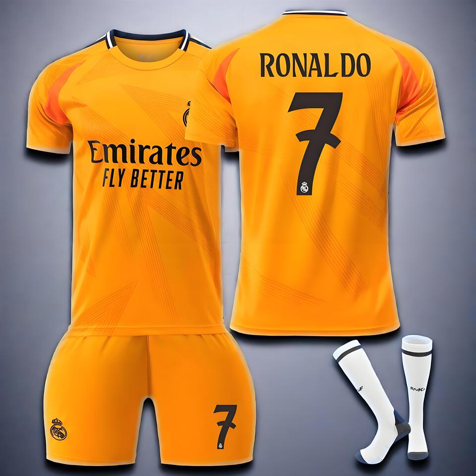 Real Madrid CR7 Orange Breathable Quick-Dry Soccer Jersey Set for Men and Women