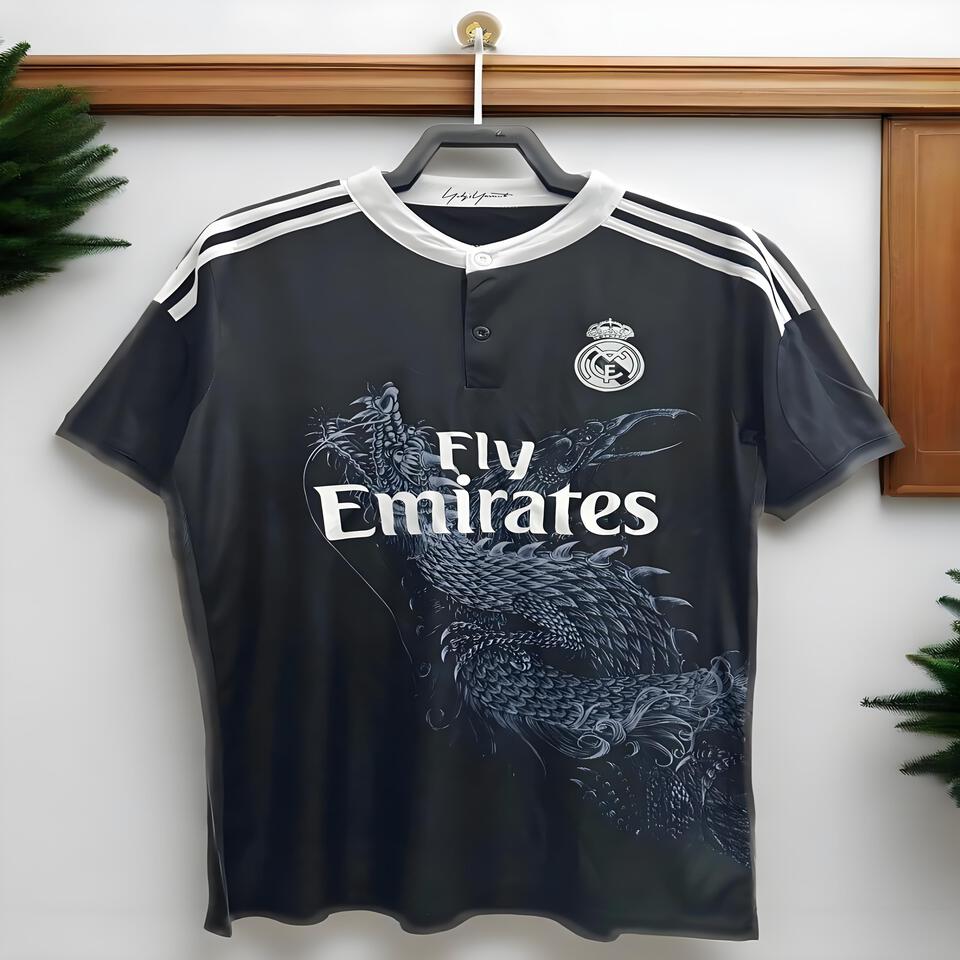 Real Madrid Football Series Black Breathable Fabric Logo/Dragon Print Men's & Women's Sports T-Shirt