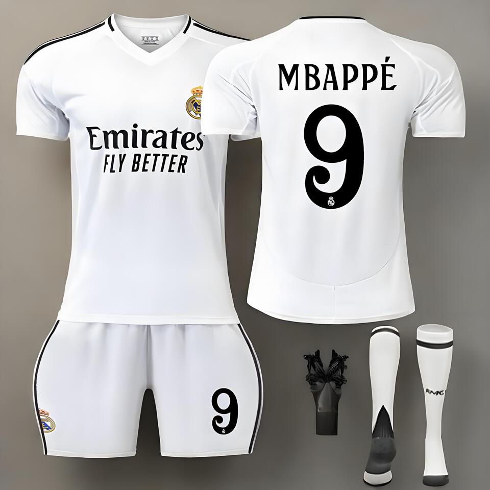 Real Madrid Home Kits Mbappe 9 White Breathable Football Jersey Set