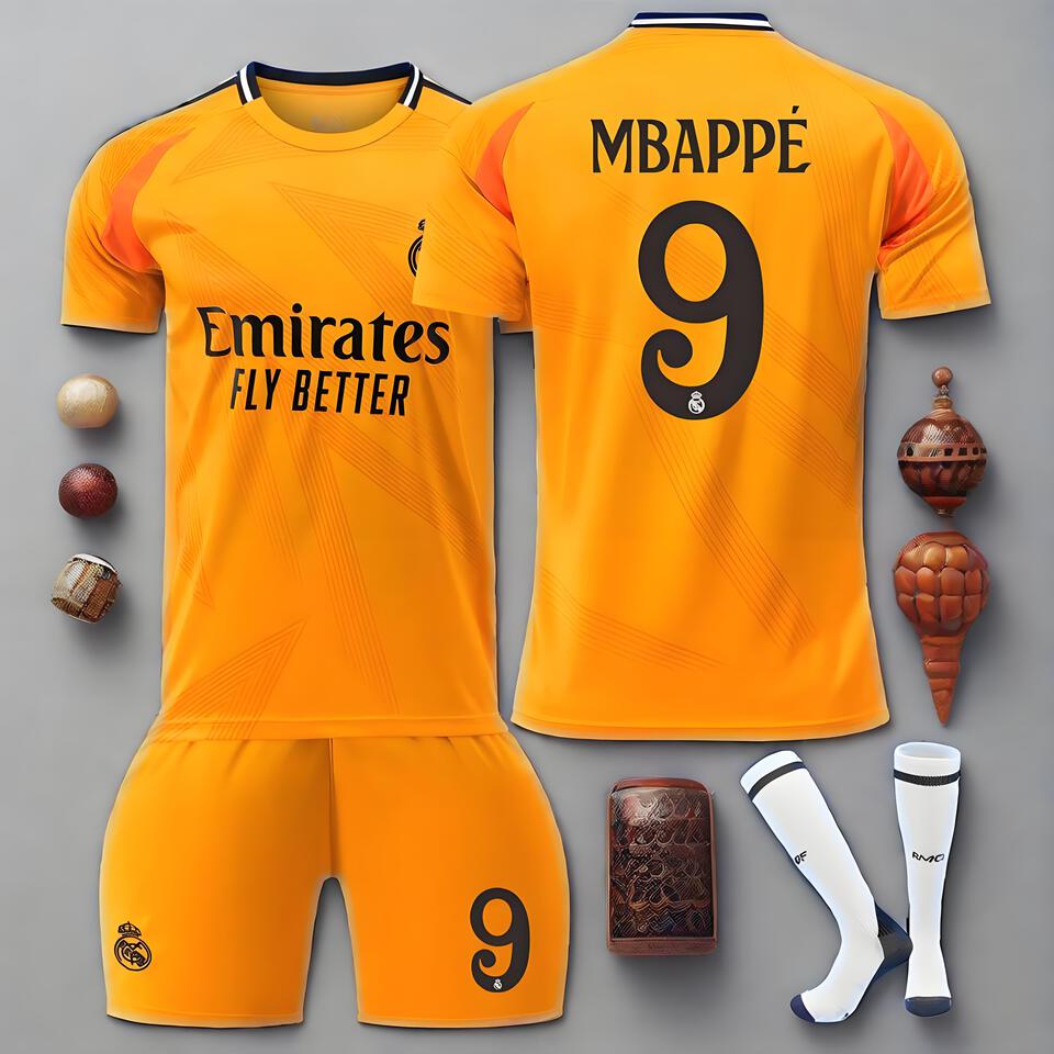Real Madrid Mbappé 9 Player Version Vibrant Orange Breathable Quick-Dry Football Jersey