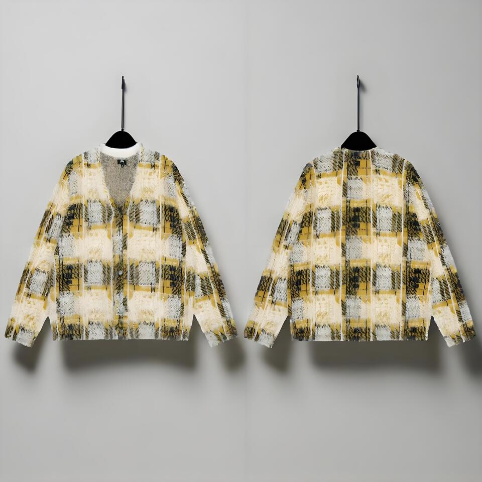 Retro Plaid Knit Cardigan Unisex Loose Fit Coat