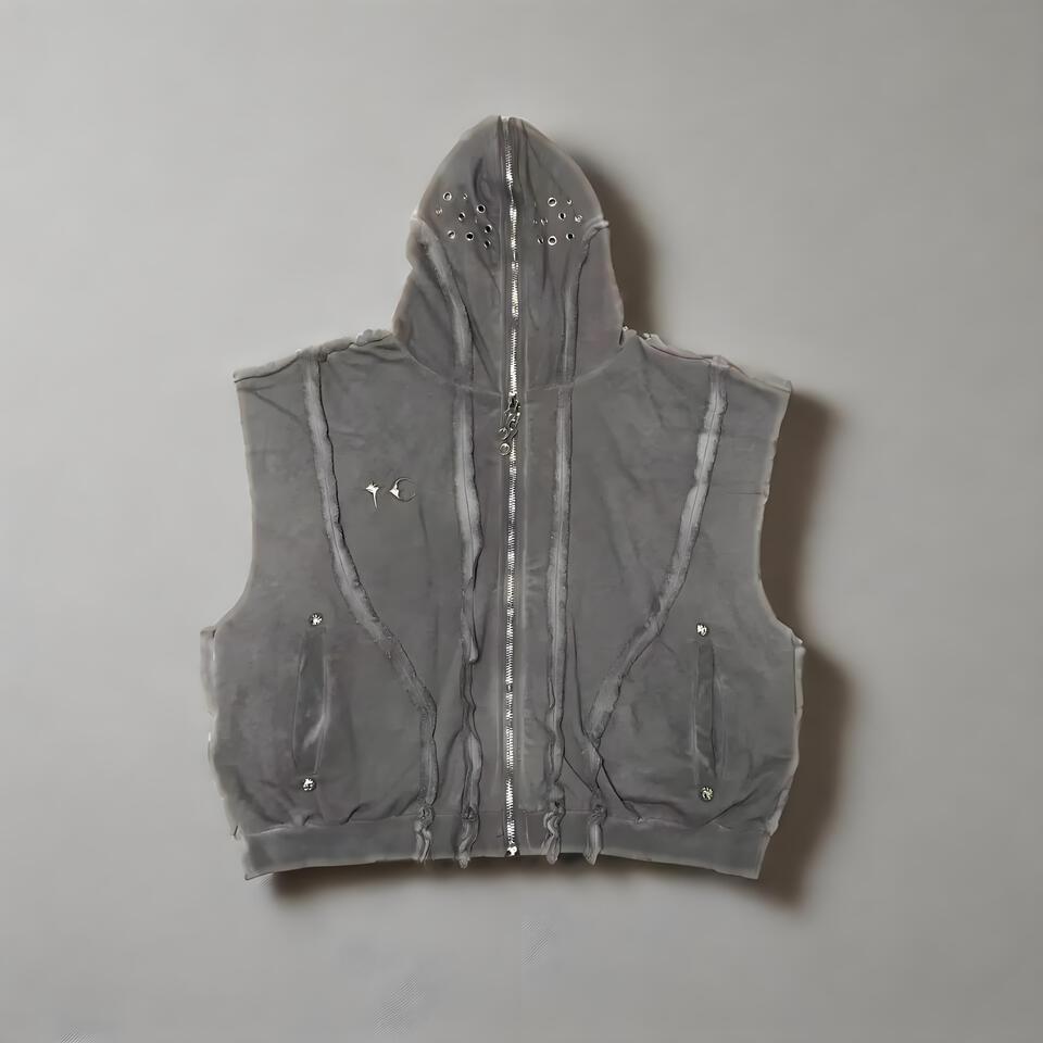 Rick Owens Grey Cotton Blend Hooded Sleeveless Vest Streetwear