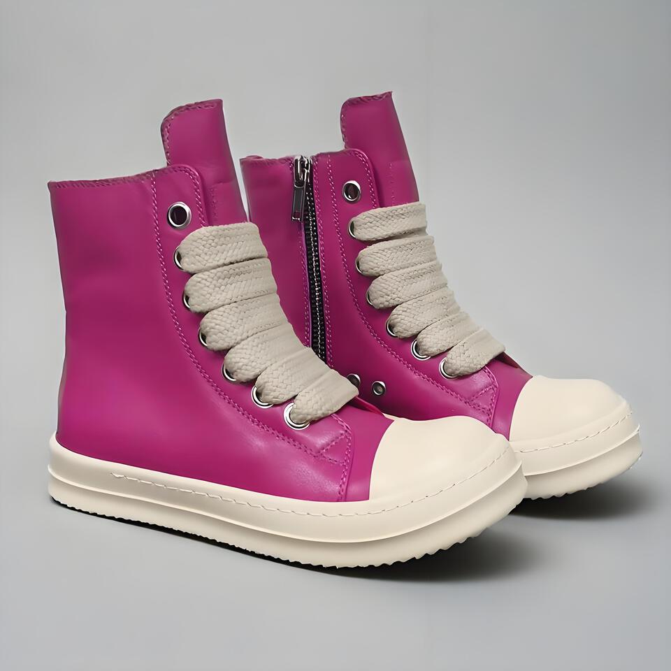 Rick Owens Pink High-Top Leather Zipper Platform Ramones Sneakers