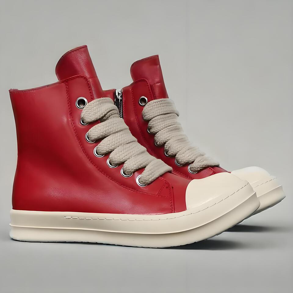 Rick Owens Red High-Top Leather Platform Zip-Up Streetwear Boots