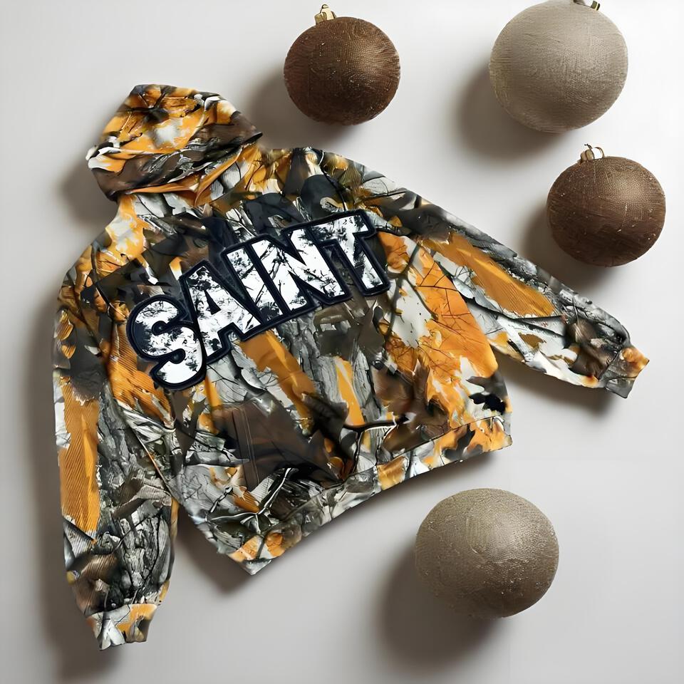 SAINT Orange Camo Print Hooded Jacket, Windproof Polyester Unisex Streetwear