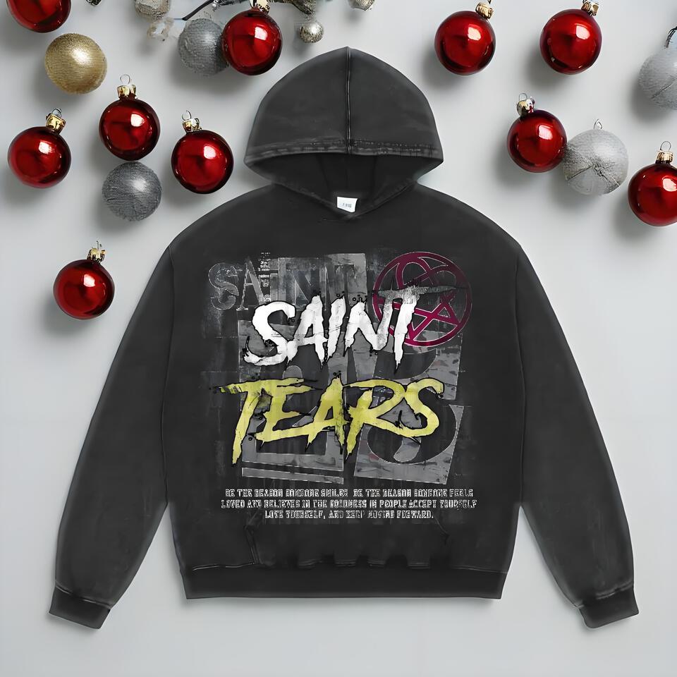 SAINT TEARS Black Hoodie Unisex Street Graffiti Print