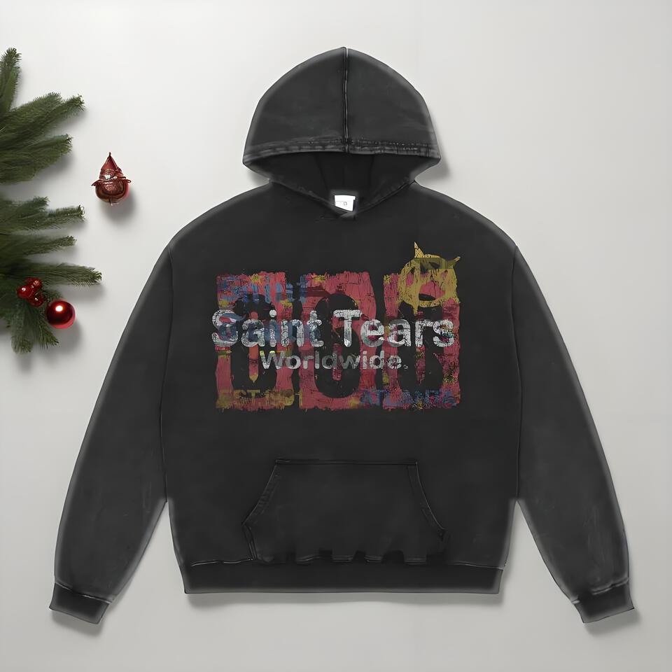 Saint Tears Black Vintage Washed Cotton Loose Hoodie