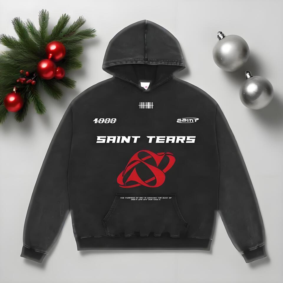 Saint Tears Black Washed Cotton Hooded Sweatshirt