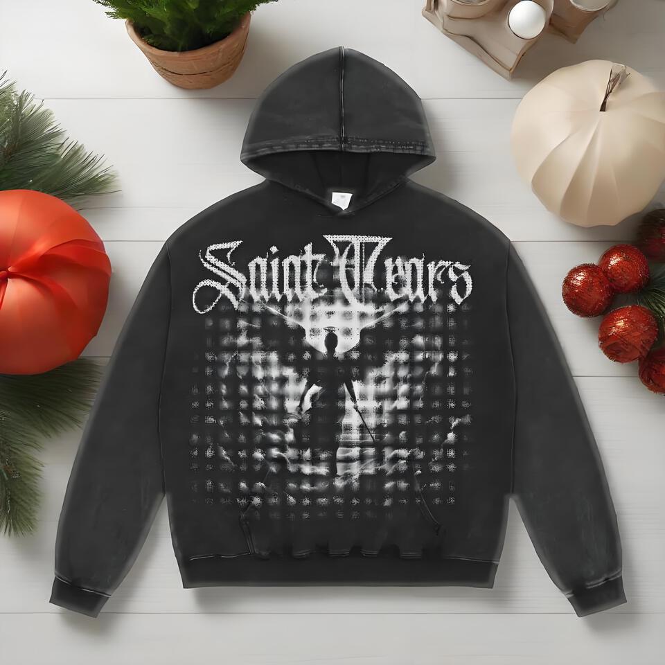 Saint Tears Black Washed Cotton Hoodie Gothic Print Unisex Streetwear
