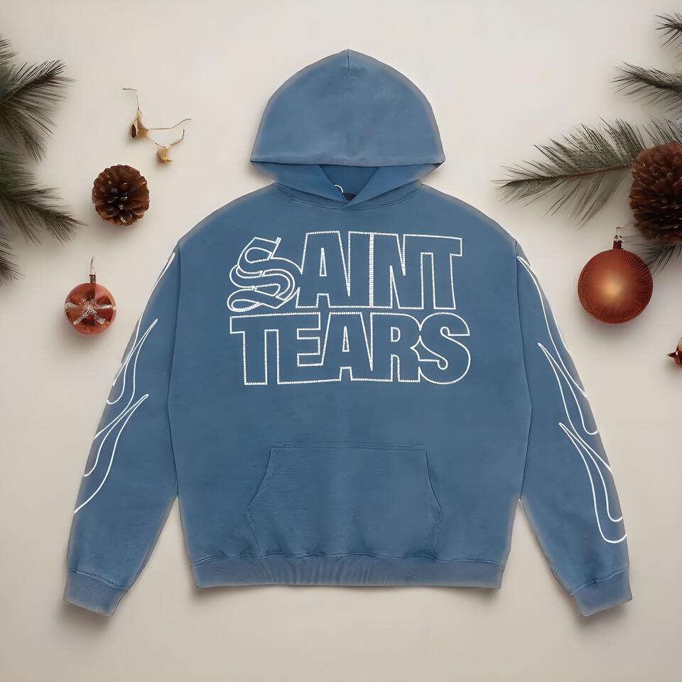 Saint Tears Blue Washed Cotton Hoodie Street Flame Print Unisex