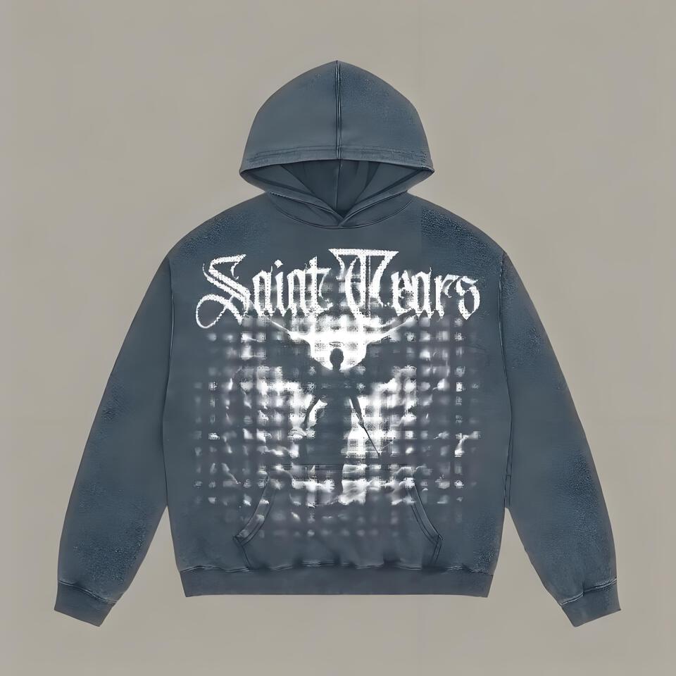 Saint Tears Distressed Gray Hoodie Gothic Street Unisex