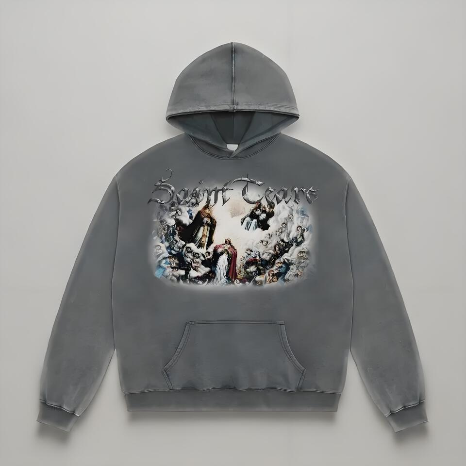 Saint Tears Gothic Print Hoodie Grey Cotton