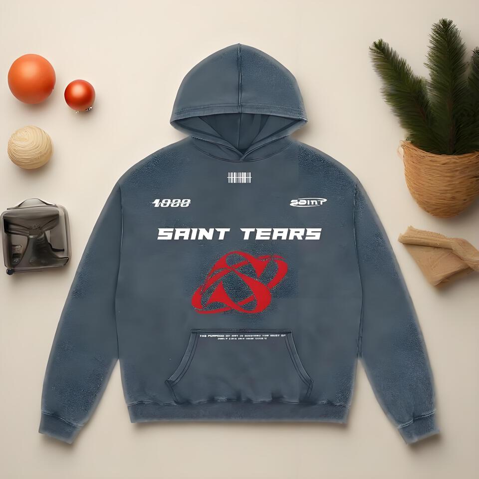 Saint Tears Retro Hoodie Streetwear Unisex Washed Gray