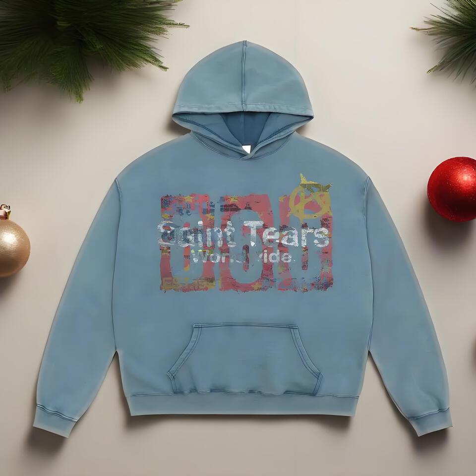 Saint Tears Washed Blue Cotton Hoodie Unisex Streetwear Loose Fit
