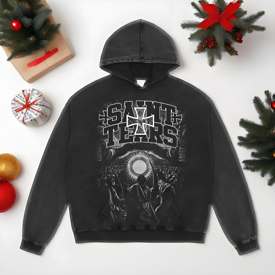 Saint Tiars Vintage Hoodie Black Cotton Unisex Streetwear