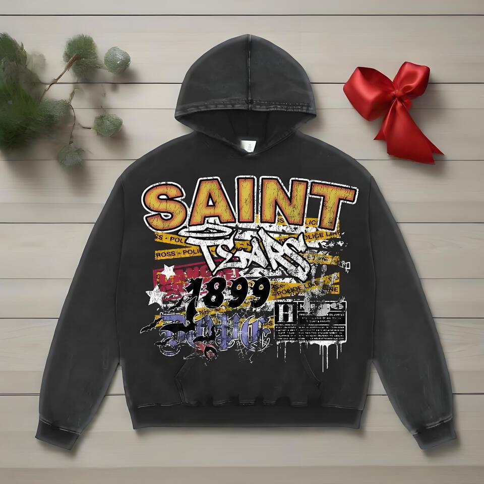 SaintSAINT Distressed Hoodie Graffiti Print Unisex Streetwear
